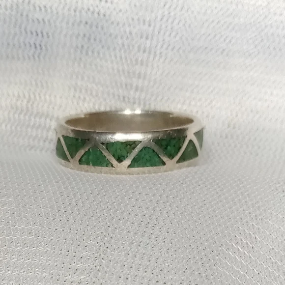 Malachite Gemstone Inlay Sterling Silver Unisex Band Sz 11 - Picture 5 of 9
